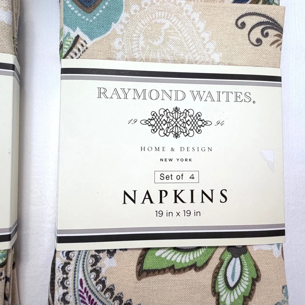 Raymond Waites Napkins Set of 8 19x19 Tan Blue Paisley 100% Cotton New Floral